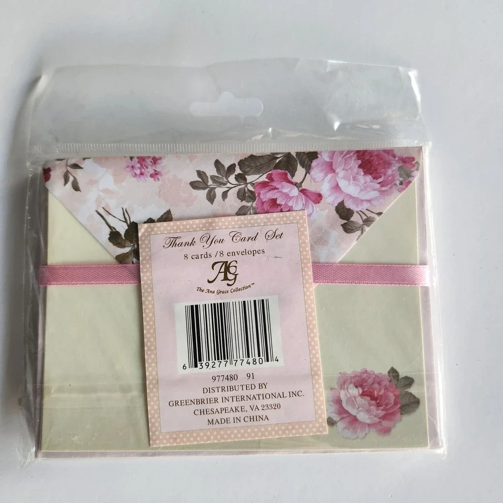 Vintage‎ Floral Thank You Card Set 8ct Pink Roses Ribbon
